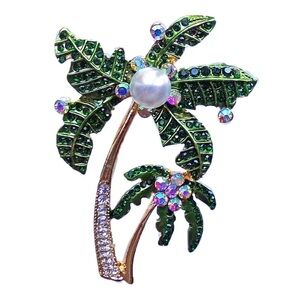 Green palm tree brooch pin with pearls and crystals with 2 trees green enamel